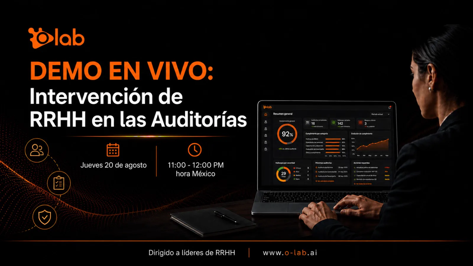 Demo en vivo: Intervención de RRHH en las Auditorías. Jueves 20 de agosto, 11:00 a 12:00 PM hora México. Dirigido a líderes de RRHH.